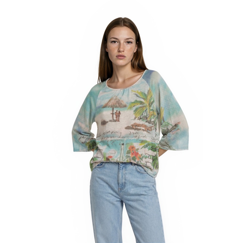 Chicos Blouse Womens Size US 1 Medium Blue Tropical Beach‎ Scene Print Flowy